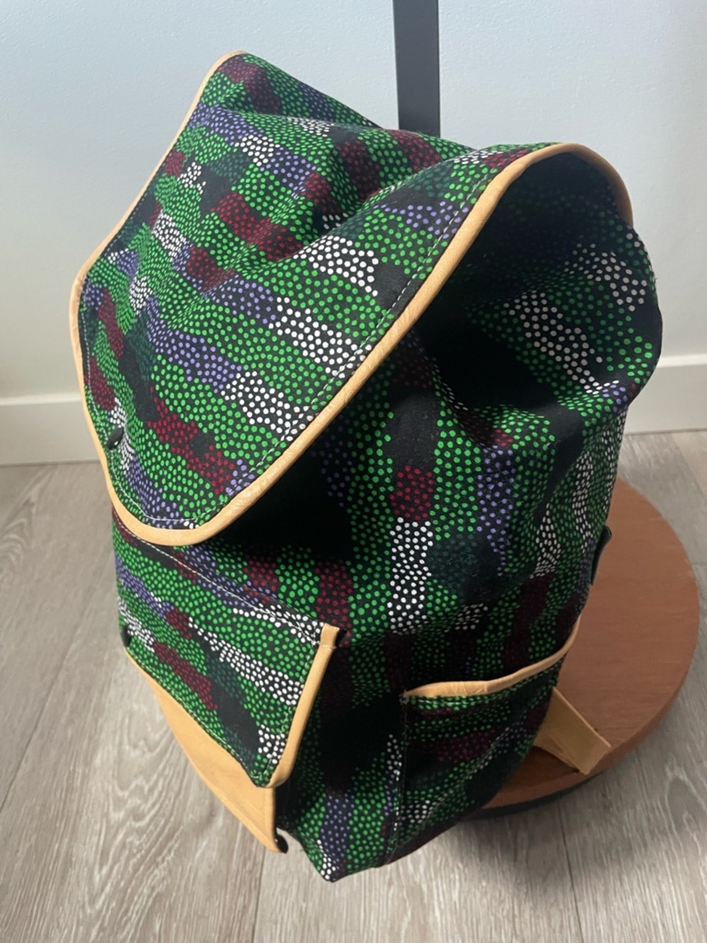 Watoto Collection Handmade Canvas & Faux Leather Drawstring Backpack Green Boho